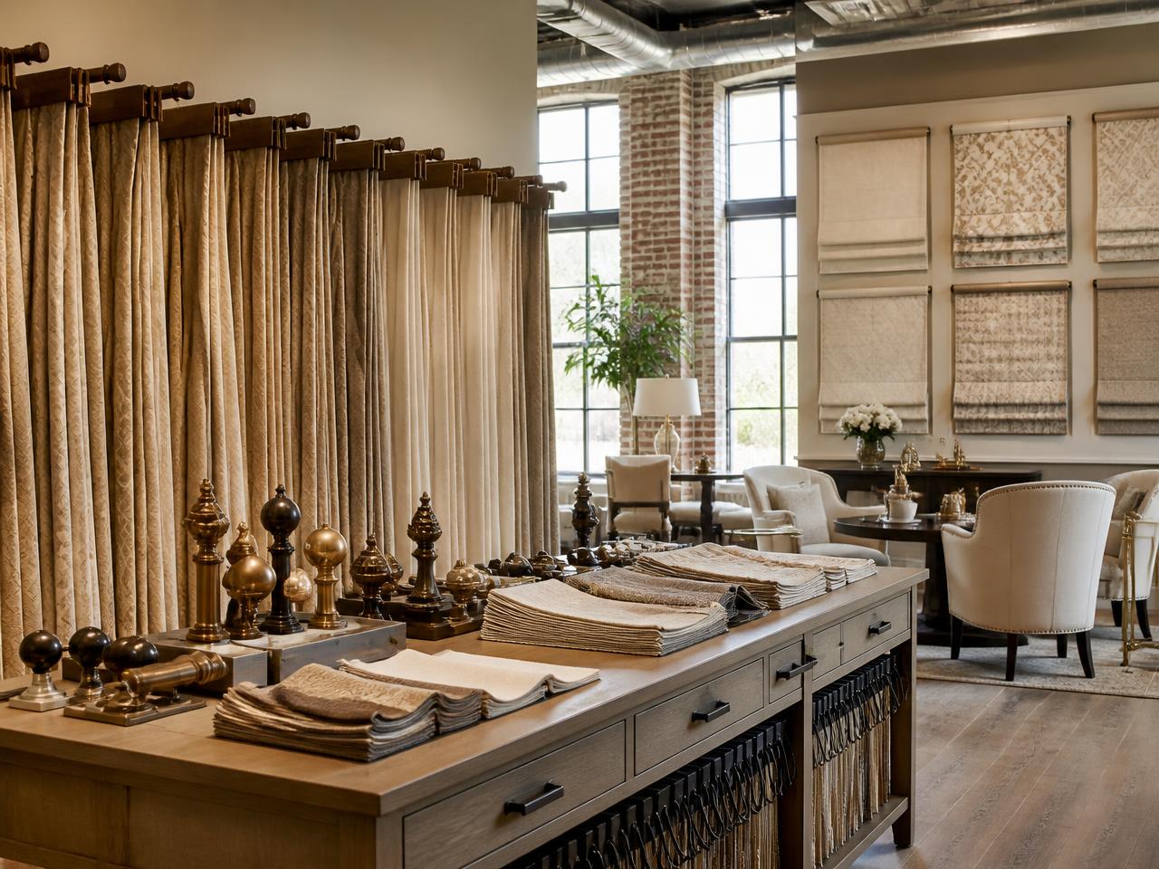 Blinds Couture design showroom in Denver with drapery fabric samples and hardware finials