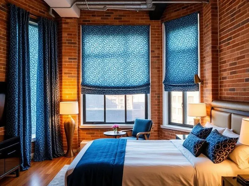 Custom blue drapery installation