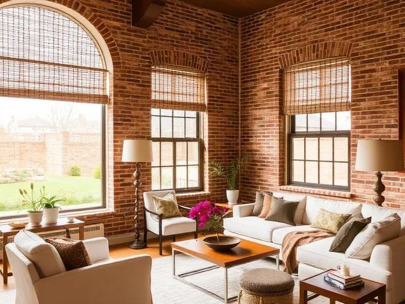 Woven woods layer nicely with exposed brick walls, lending the space a casual elegance to fit the homeowner's lifestyle.