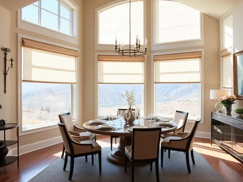 Light-filtering shades soften this dining room while letting the windows remain the star of the room.