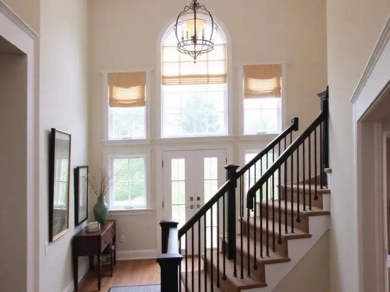 Roman shades in this home's entryway complement the architectural details beautifully.