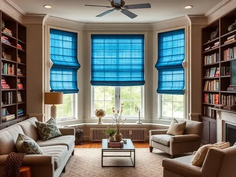 Navy roman shades help set the tone in the cozy sitting room.