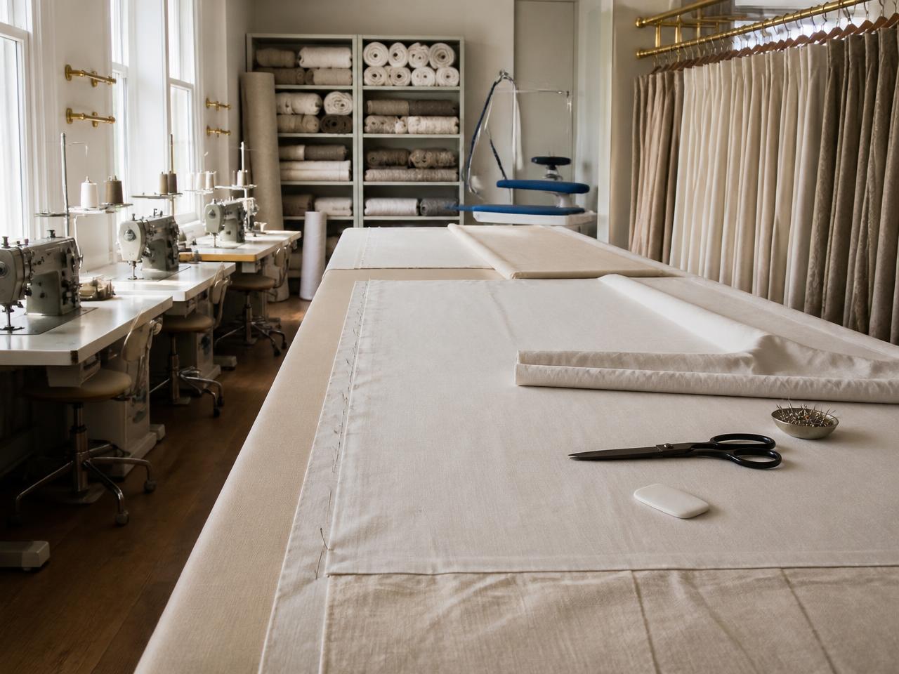 Roseworks Fabrication workroom in Westminster with cutting tables and finished pleated drapery panels